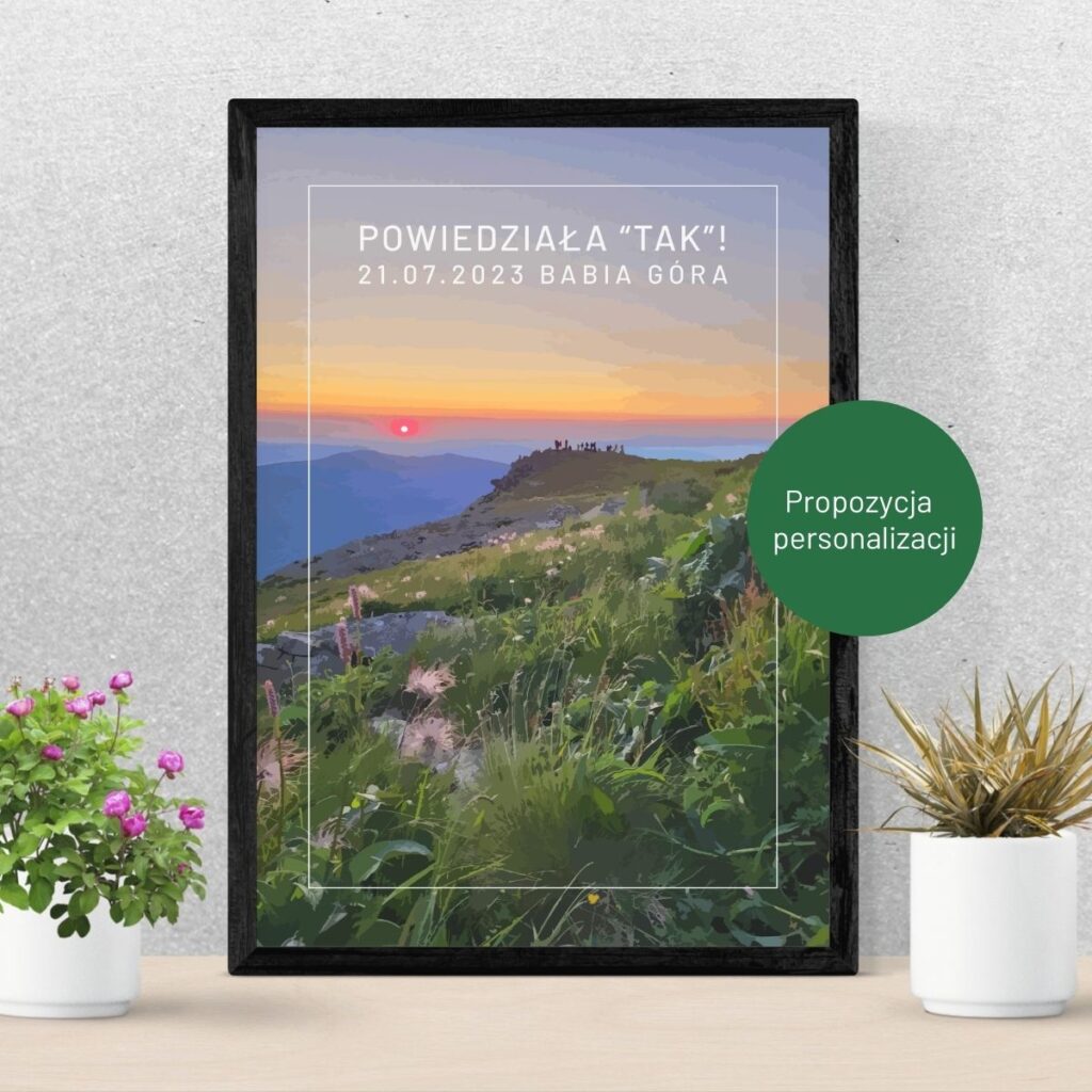 50 pomysłów na prezent dla podróżników w 2024 roku. Personalizowany plakat z Babia Gora o wschodzie slonca. Babiogorski PN plakat 3